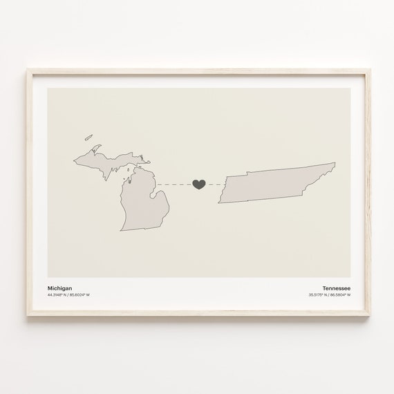 Michigan To Tennessee Minimalist State Connection Map Print