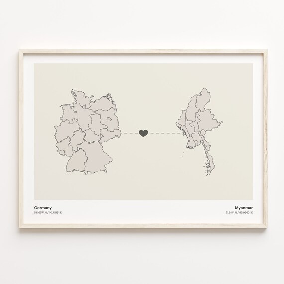 Germany Myanmar Country Connection Heart Map Minimalist Art Poster