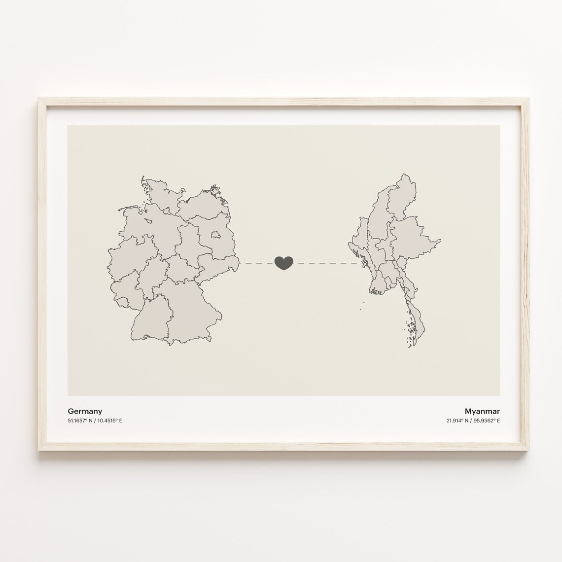 Germany Myanmar Country Connection Heart Map Minimalist Art Poster