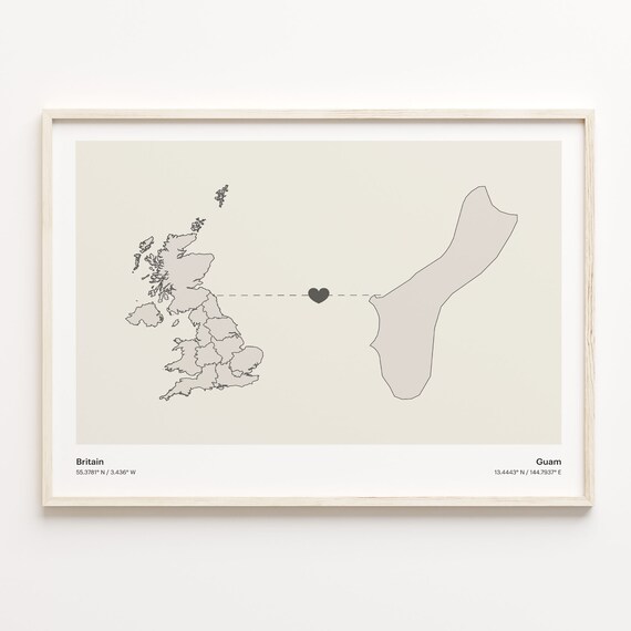 Britain Guam Heart Connection Long Distance Love Story Map Poster