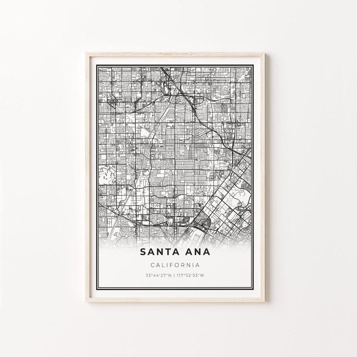 Santa Ana California City Map Minimalist Black and White Art Poster