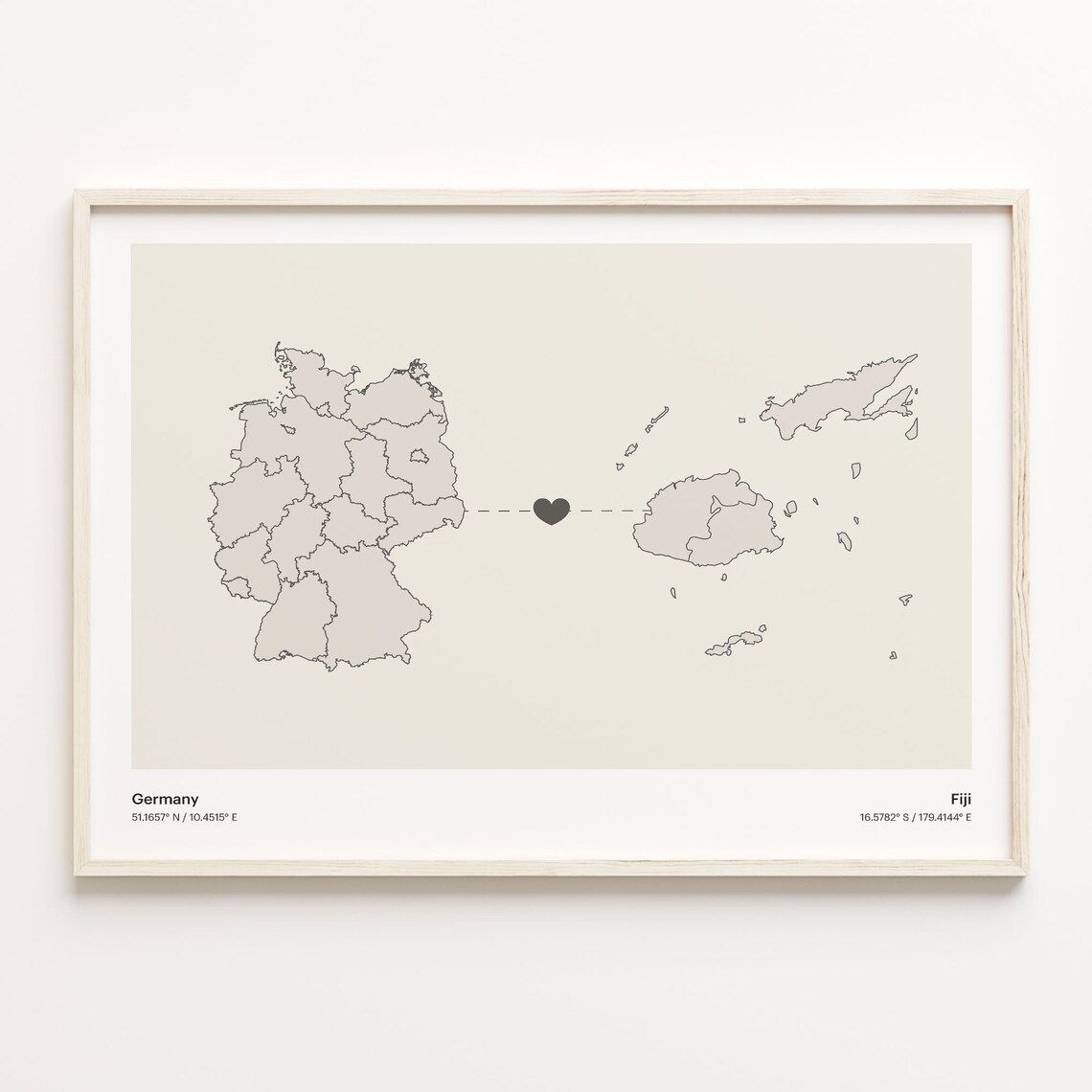 Germany Fiji Long Distance Heart Connection Minimalist Map Gift Poster