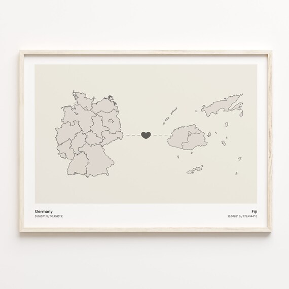 Germany Fiji Long Distance Heart Connection Minimalist Map Gift Poster
