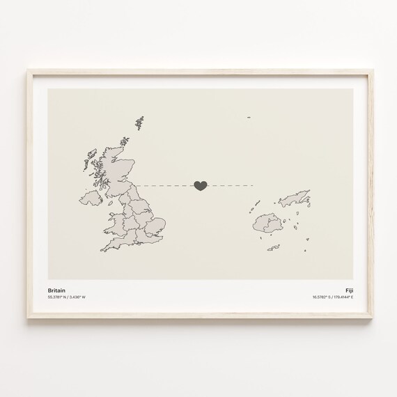 Britain to Fiji Long Distance Minimalist Heart Connection Map Poster