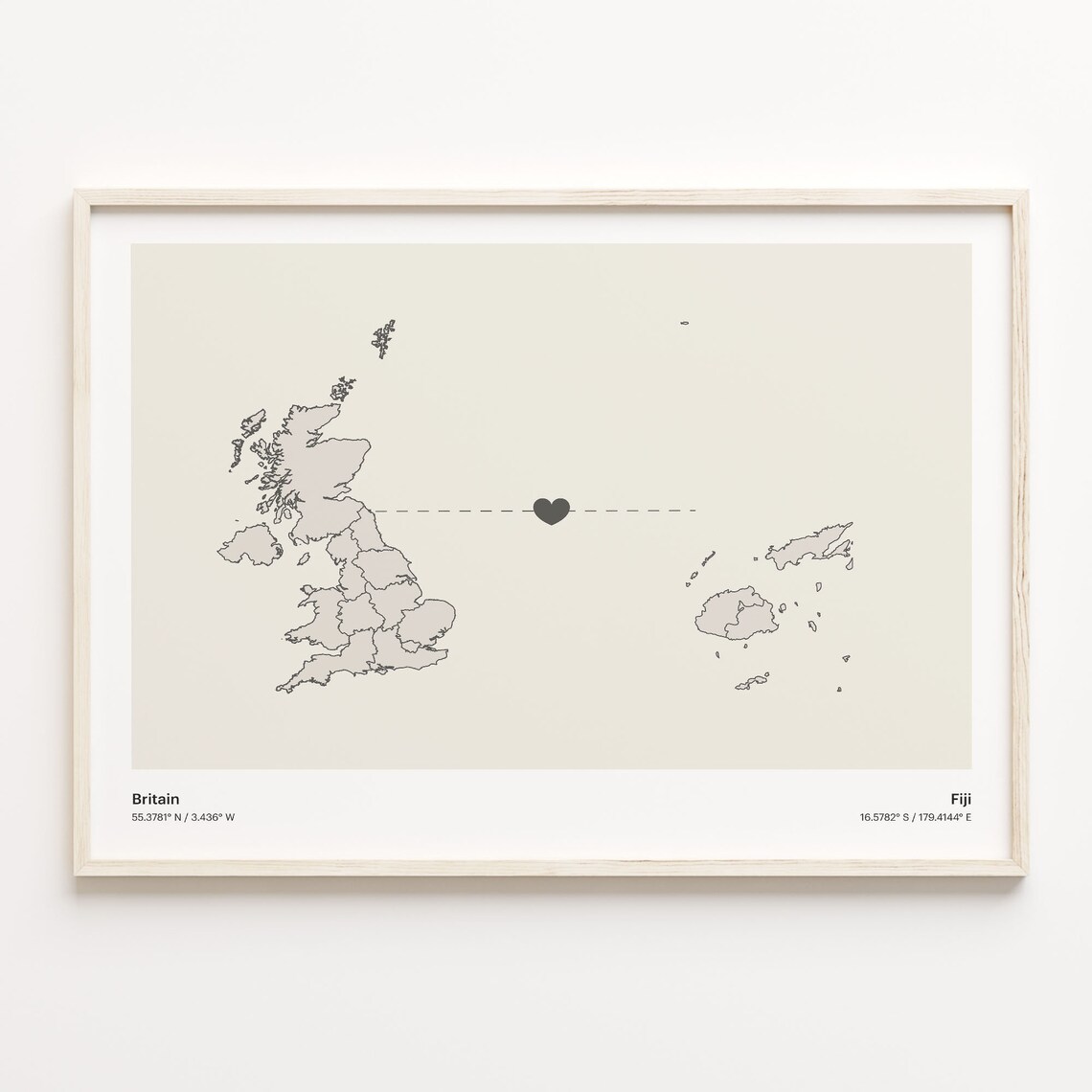 Britain to Fiji Long Distance Minimalist Heart Connection Map Poster