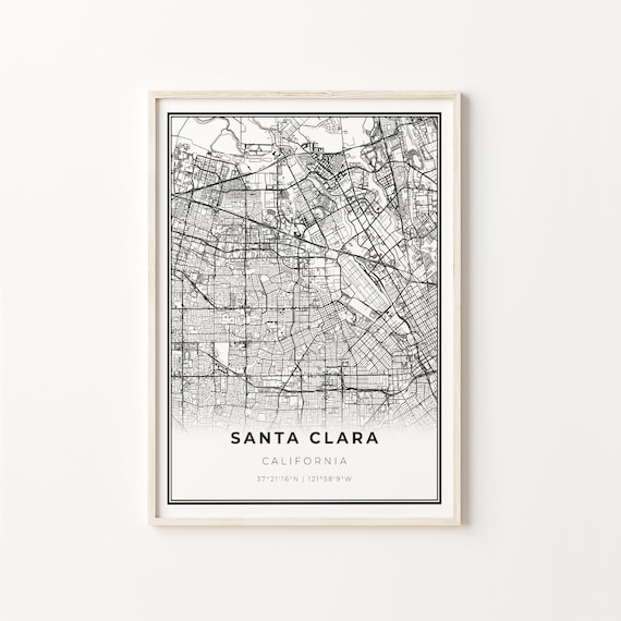 Santa Clara California Minimalist Black White City Street Map Art Poster
