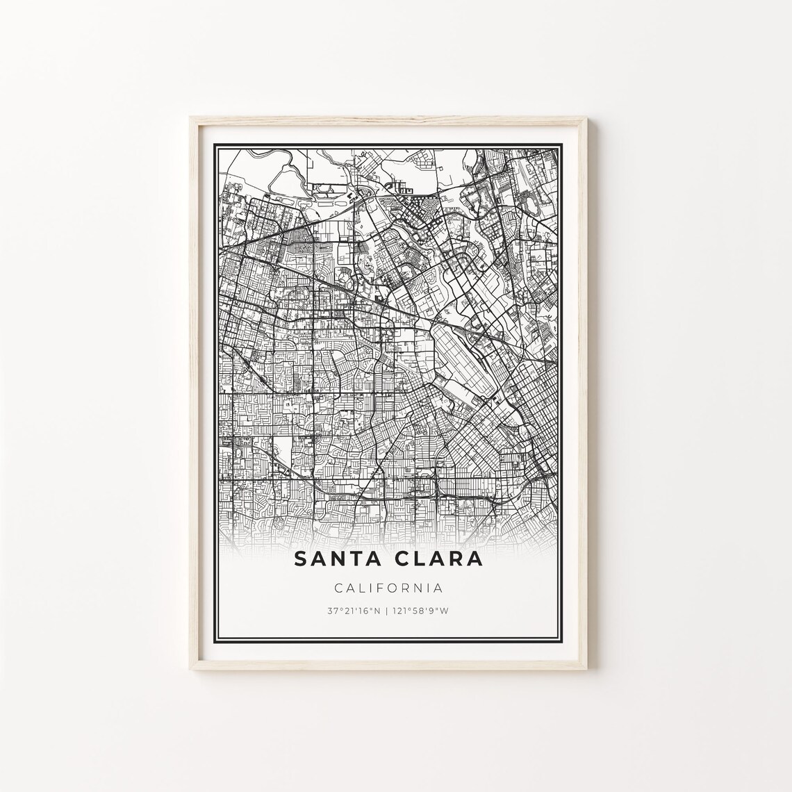 Santa Clara California Minimalist Black White City Street Map Art Poster