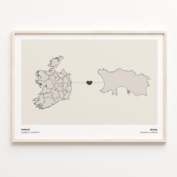 Ireland To Jersey Minimalist Heart Map Long Distance Love Poster