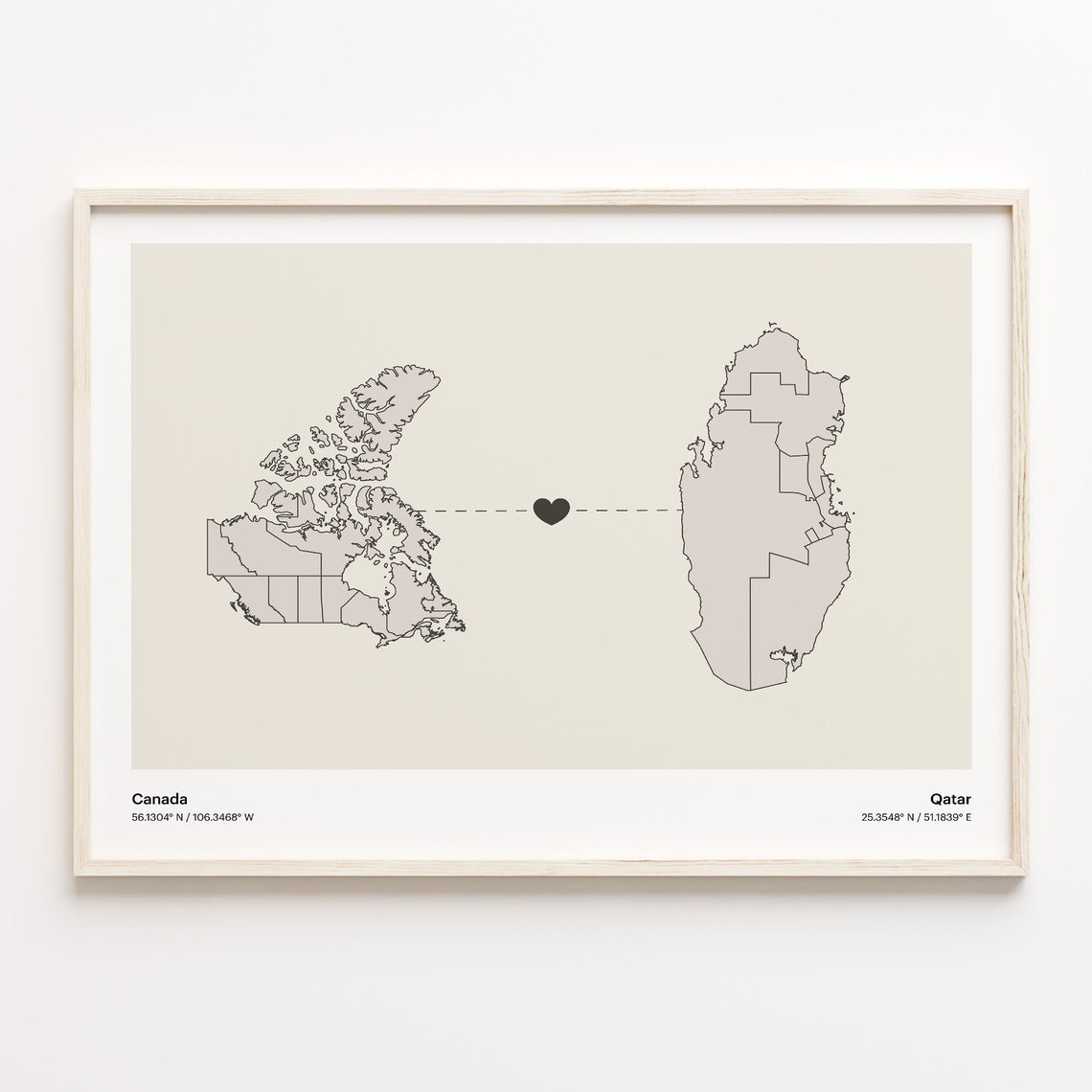 Canada to Qatar Long Distance Minimalist Heart Connection Map Poster
