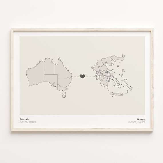 Australia and Greece Long Distance Love Country Connection Map Poster