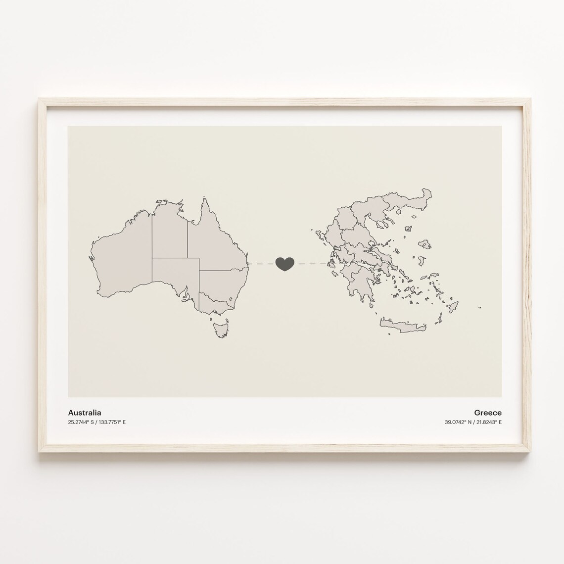 Australia and Greece Long Distance Love Country Connection Map Poster