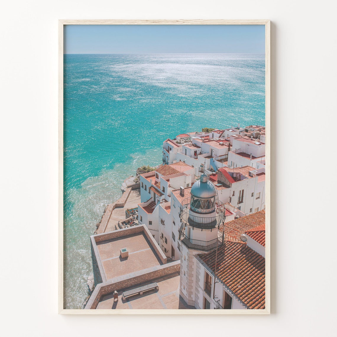 Spain Whitewashed Coastal Town Lighthouse Turquoise Sea Poster