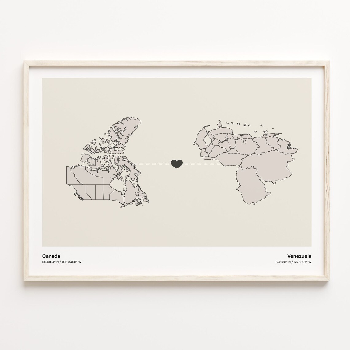 Canada To Venezuela Heart Map Minimalist Country Connection Poster