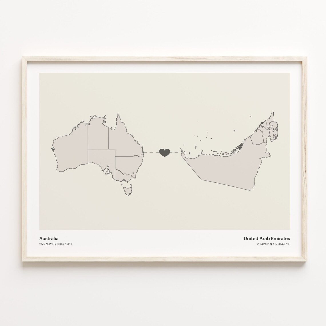 Australia United Arab Emirates Long Distance Heart Map Minimalist Love Print