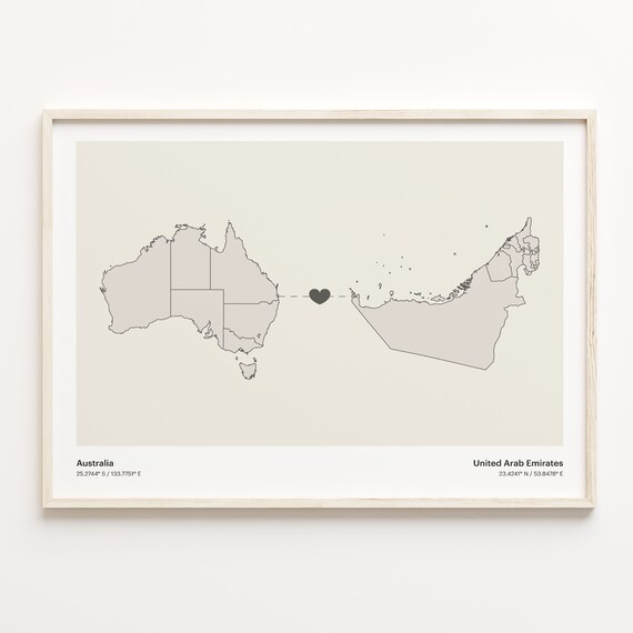 Australia United Arab Emirates Long Distance Heart Map Minimalist Love Print