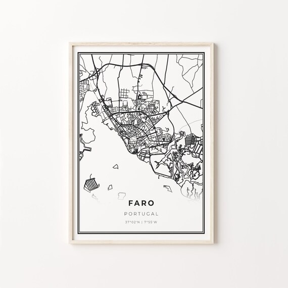 Faro Portugal Minimalist Black and White City Street Map Poster
