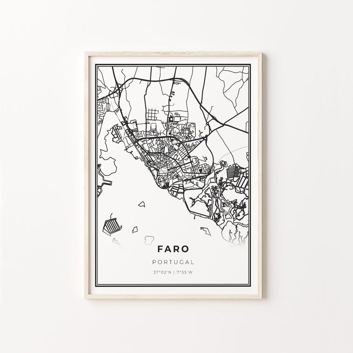 Faro Portugal Minimalist Black and White City Street Map Poster
