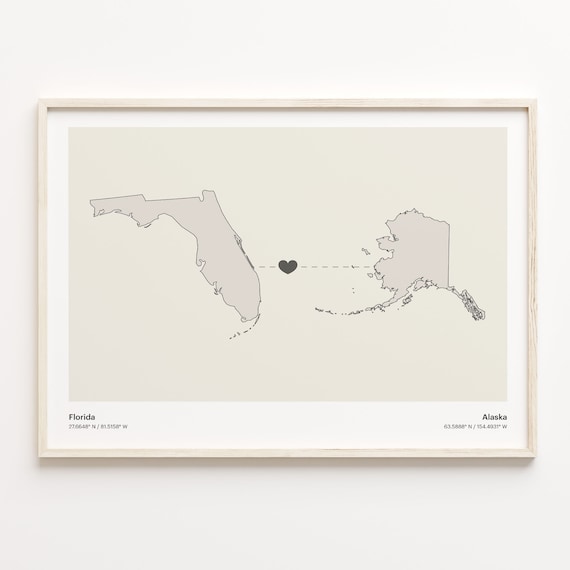 Florida and Alaska Long Distance Heart Connection Map Poster
