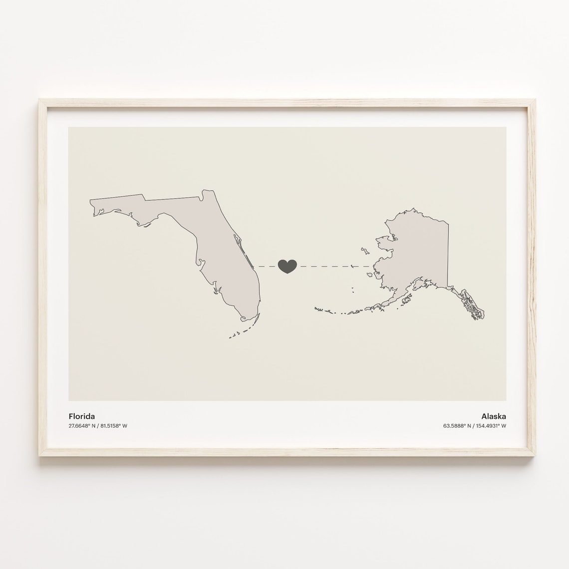 Florida and Alaska Long Distance Heart Connection Map Poster
