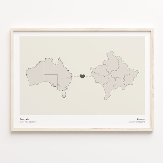 Australia To Kosovo Minimalist Map Heart Connection Gift Poster