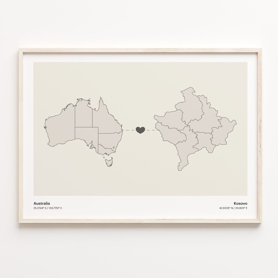 Australia To Kosovo Minimalist Map Heart Connection Gift Poster