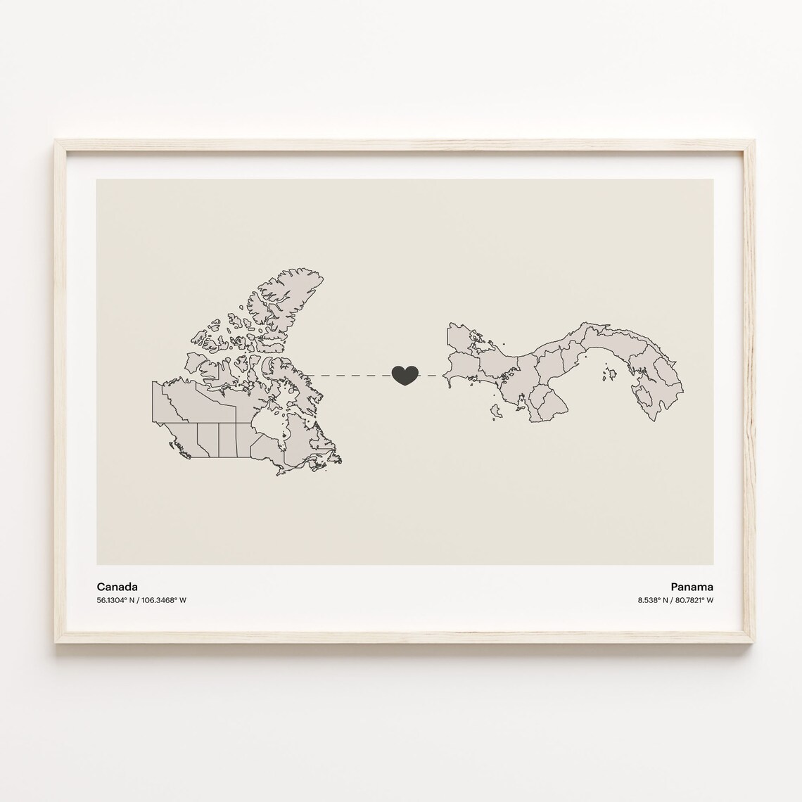 Canada Panama Country Connection Heart Map Minimalist Art Poster