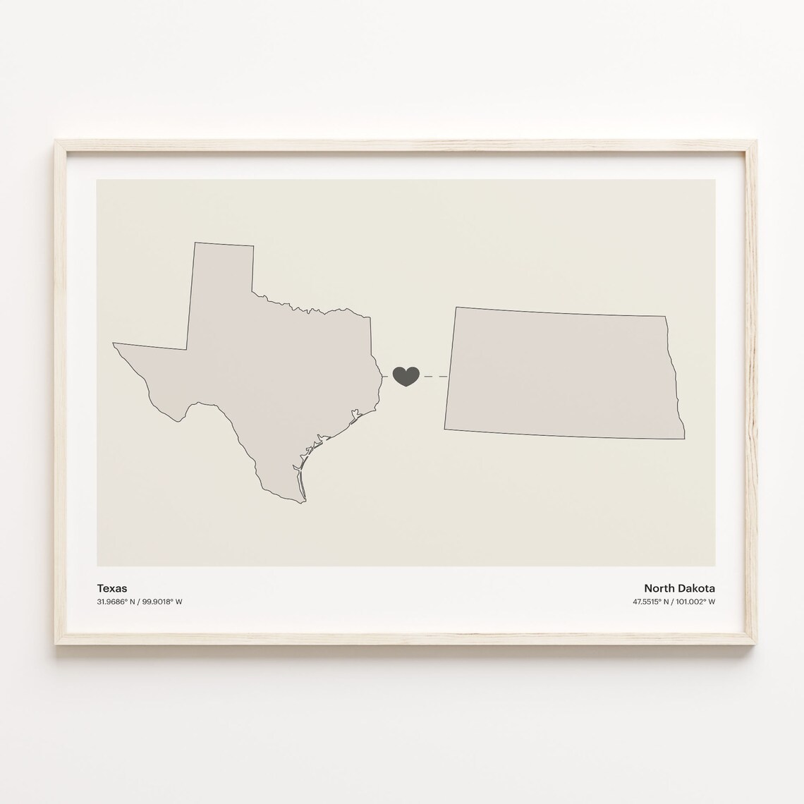 Texas To North Dakota Heart Connection Minimalist Map Poster