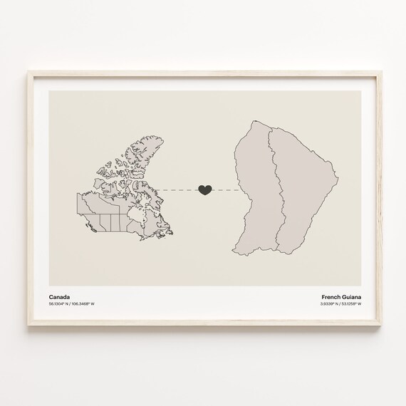 Canada To French Guiana Heart Connection Minimalist Map Art Print