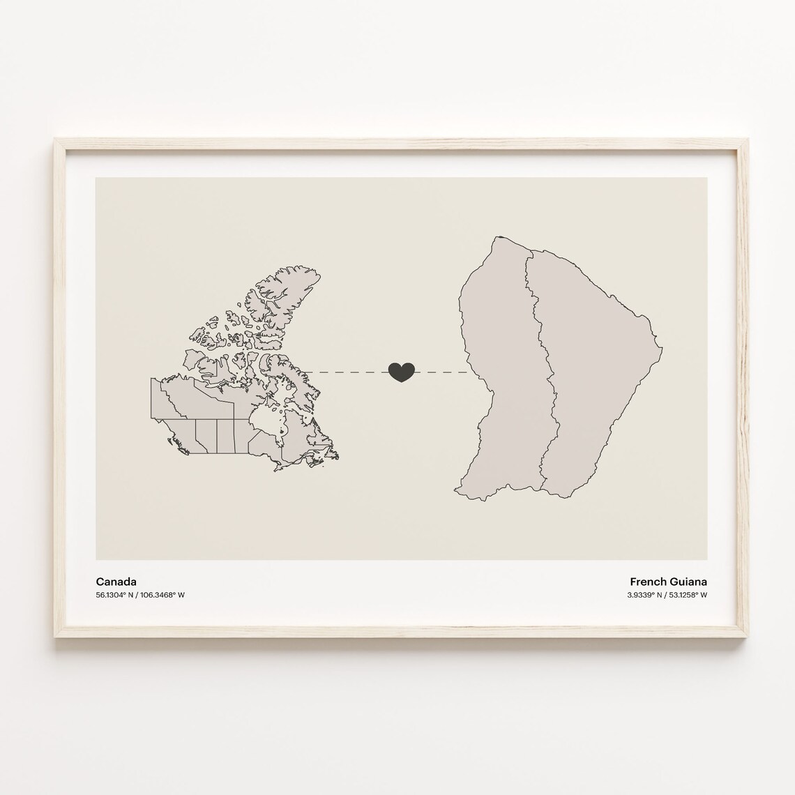 Canada To French Guiana Heart Connection Minimalist Map Art Print