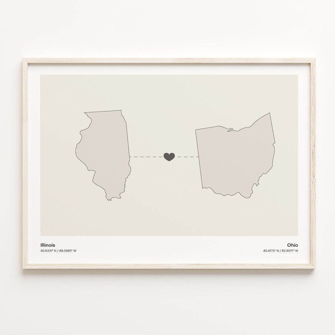Illinois to Ohio Minimalist Long Distance Connection Map Poster