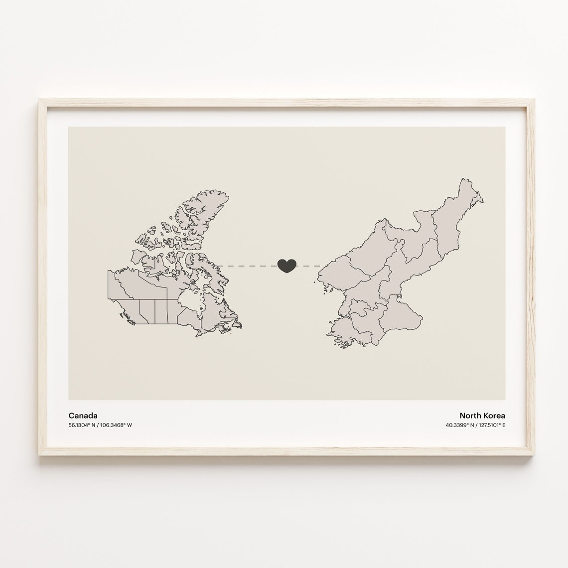 Canada North Korea Long Distance Heart Connection Map Poster