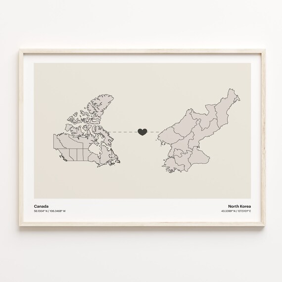 Canada North Korea Long Distance Heart Connection Map Poster