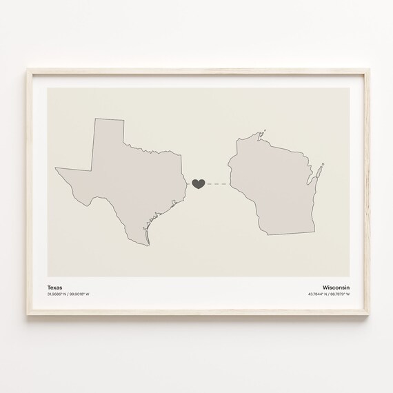 Texas Wisconsin Long Distance Love Heart Minimalist Map Poster