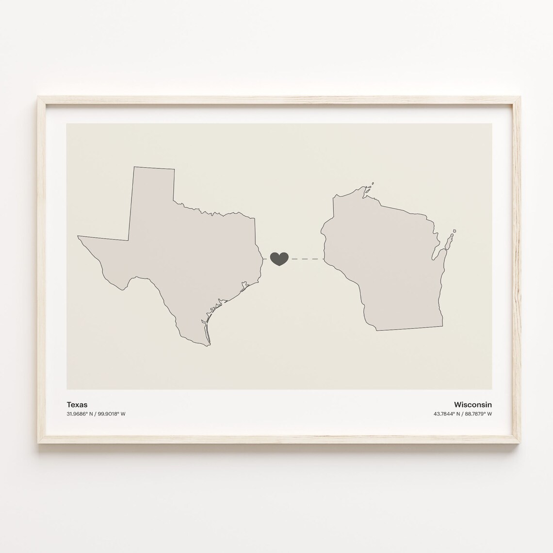 Texas Wisconsin Long Distance Love Heart Minimalist Map Poster