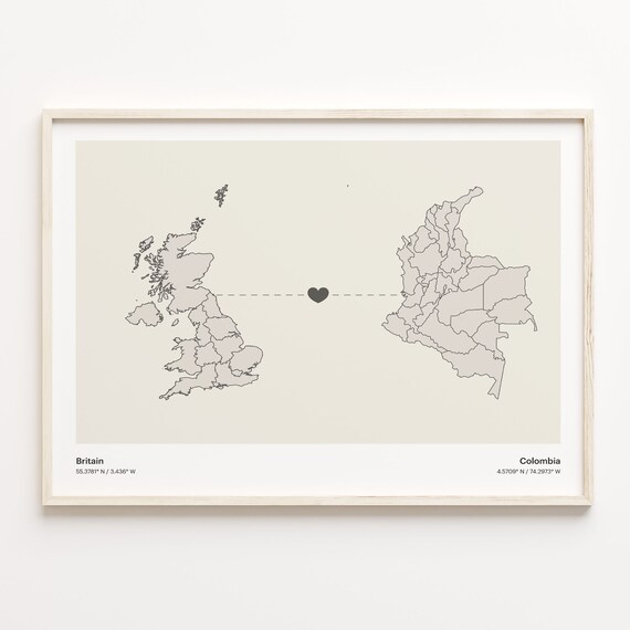 Britain To Colombia Long Distance Love Heart Map Minimalist Poster