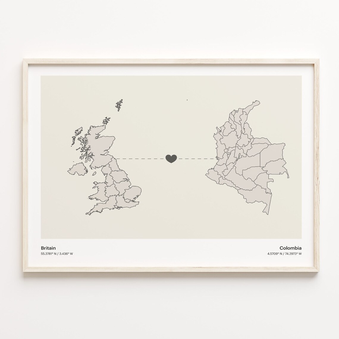 Britain To Colombia Long Distance Love Heart Map Minimalist Poster