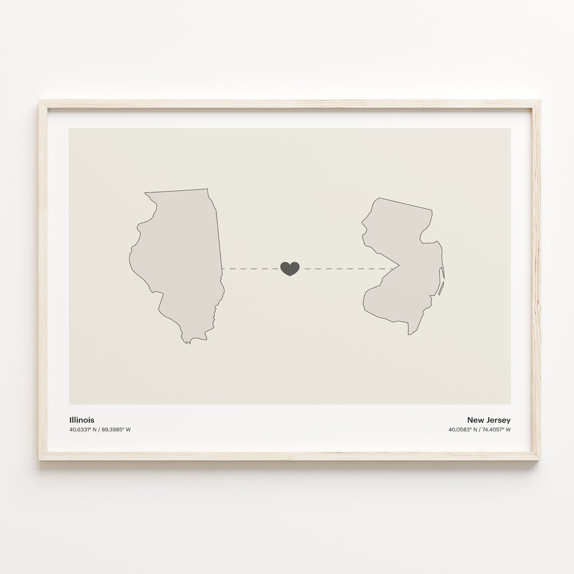 Illinois to New Jersey Long Distance Heart Map Minimalist Connection Poster