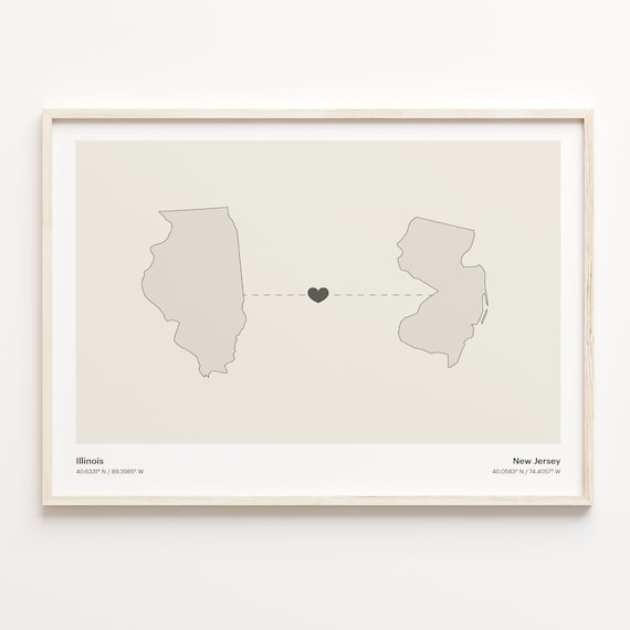 Illinois to New Jersey Long Distance Heart Map Minimalist Connection Poster