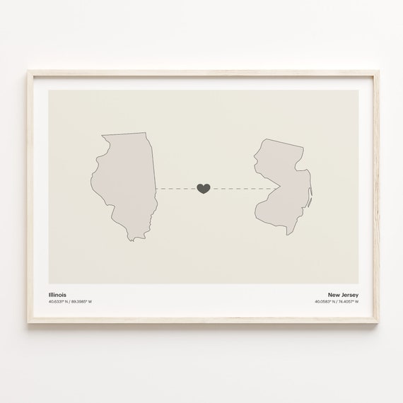 Illinois To New Jersey Print Jerseyan Gift Minimalistic State Connection Map Poster Travel Wall Art Moving Abroad C211486