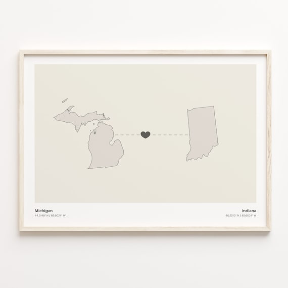 Michigan to Indiana Minimalist Long Distance Connection Map Poster