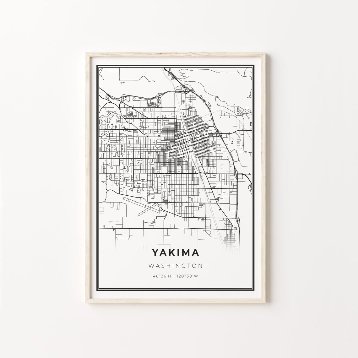 Yakima Washington City Map Black White Street Line Art Minimalist Poster