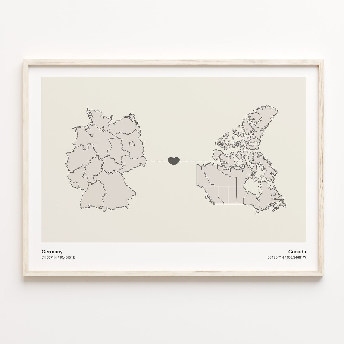 Germany to Canada Minimalist Long Distance Heart Connection Map Poster