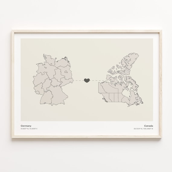 Germany to Canada Minimalist Long Distance Heart Connection Map Poster