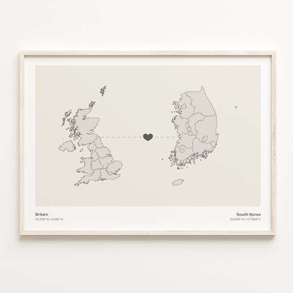 Britain To South Korea Minimal Heart Country Connection Map Poster