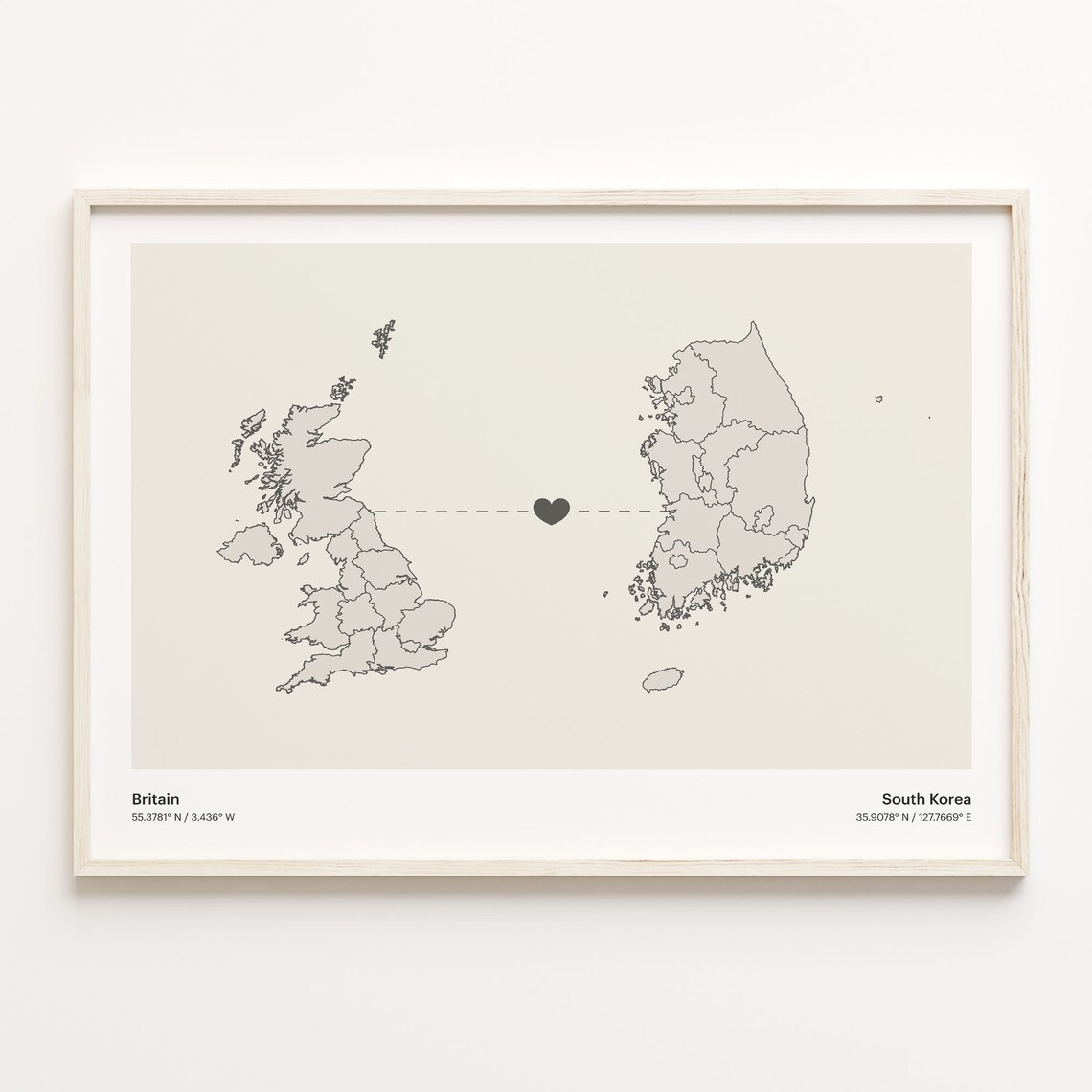 Britain To South Korea Minimal Heart Country Connection Map Poster
