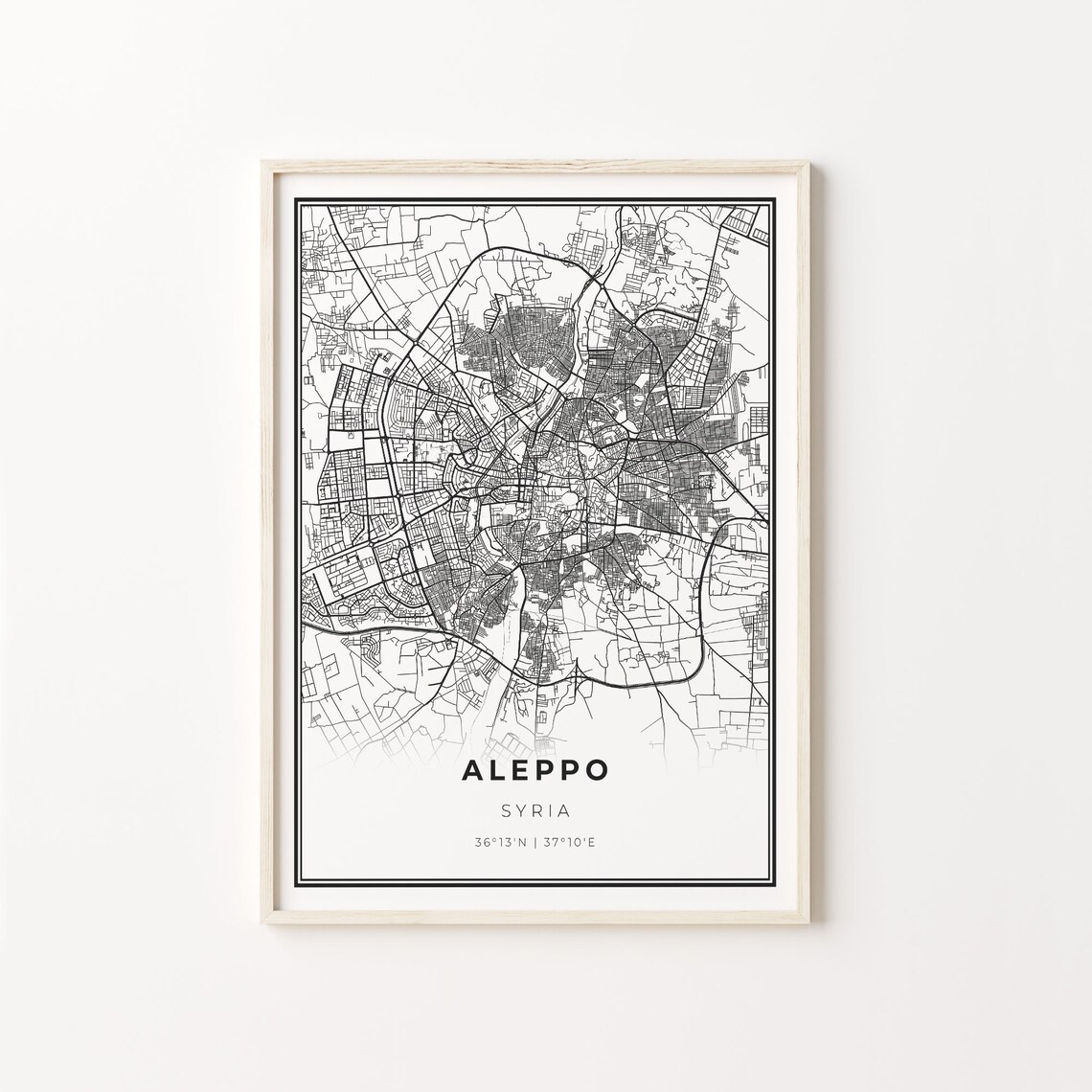 Aleppo City Map Art Print, Modern Black and White