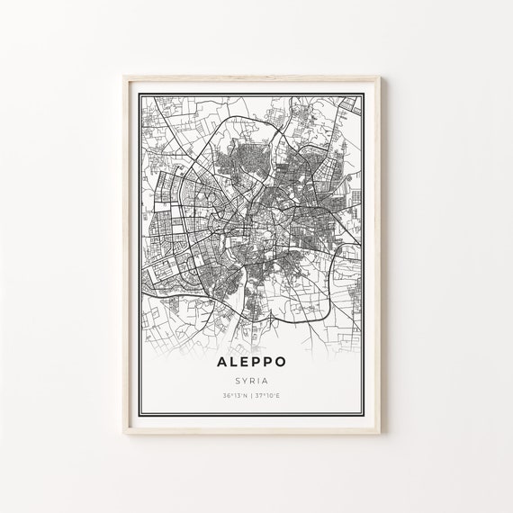 Aleppo City Map Art Print, Modern Black and White