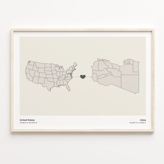 United States To Libya Minimalist Heart Map Connection Gift Poster