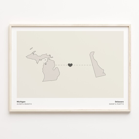 Michigan And Delaware Long Distance Love Minimalist Heart Map Poster
