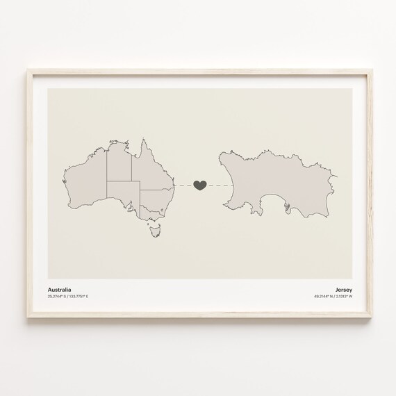 Australia to Jersey Minimalist Heart Couple Connection Map Poster